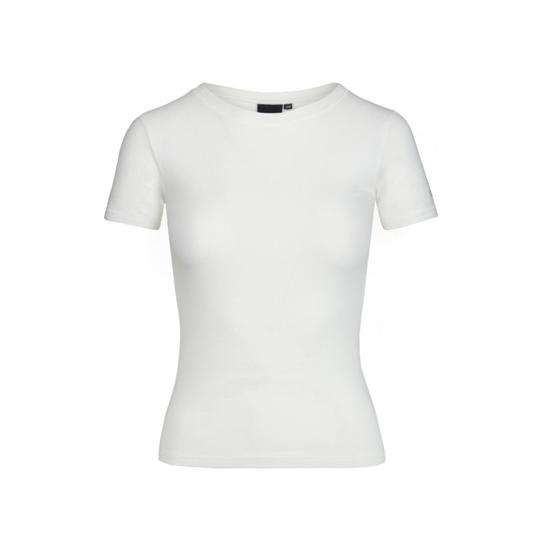 Basic white women's fitted short sleeve t-shirt.