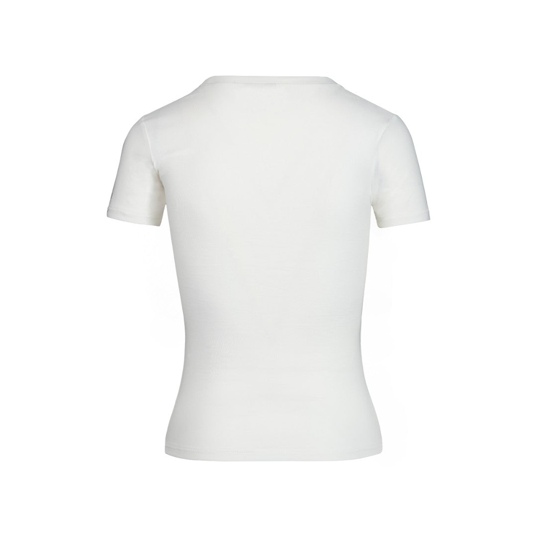 The back of a plain white short sleeve women's t-shirt.