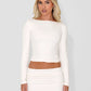 Long Sleeve Boat Neck Double Layered Sculpting Top in Coconut White