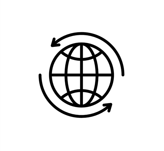 Black and white icon of globe with arrows pointing around it.