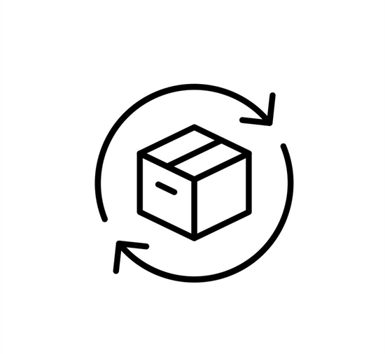 Black and white icon of cardboard box with arrows pointing around it.