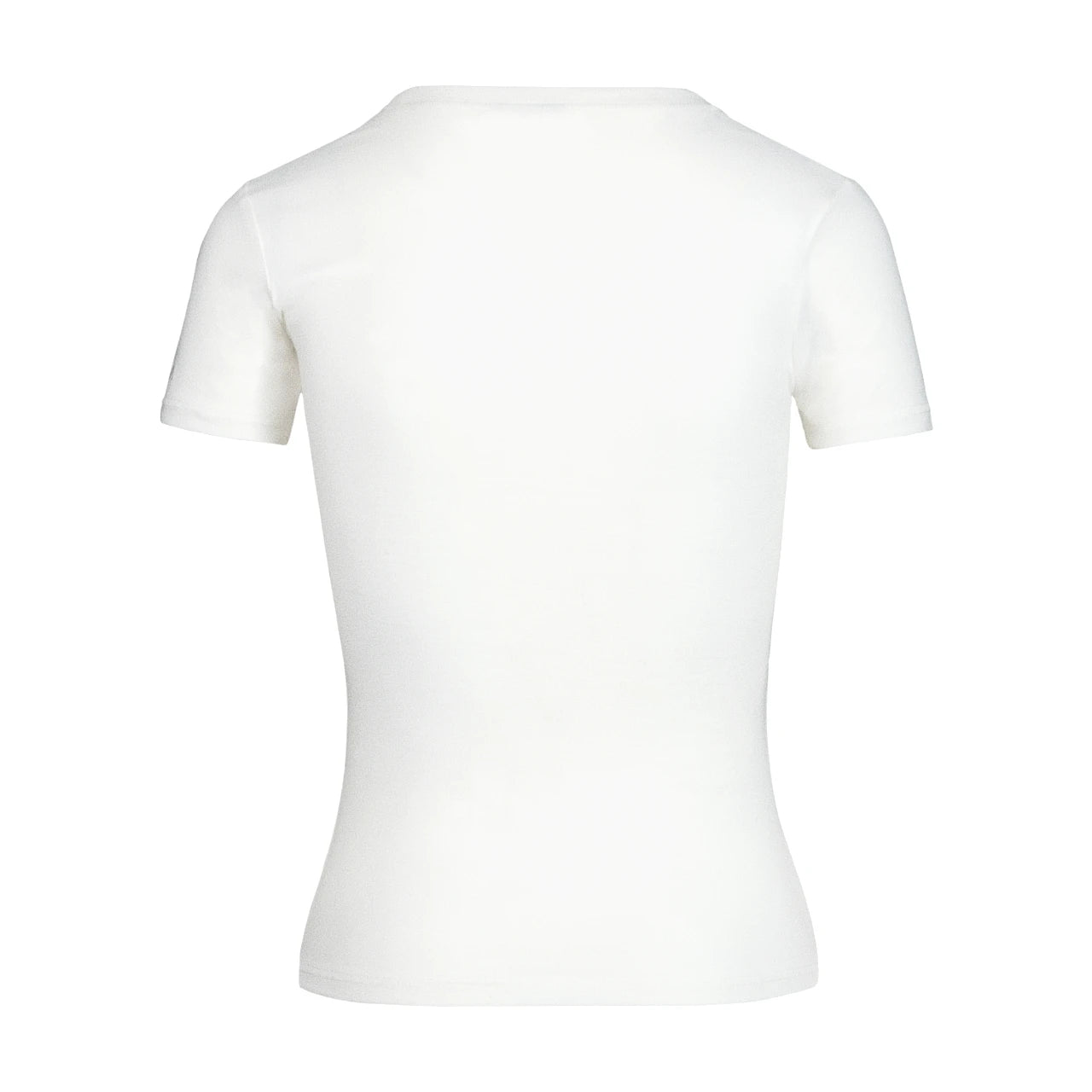 Back of a plain white short sleeve women's fitted t-shirt.